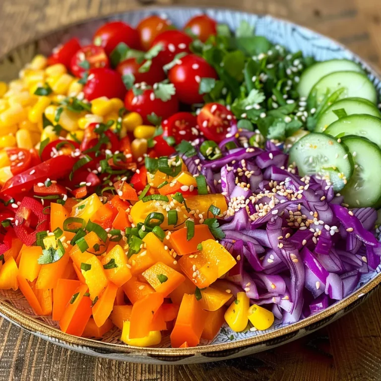 A vibrant and colorful rainbow salad with assorted vegetables and tahini dressing in a bowl.