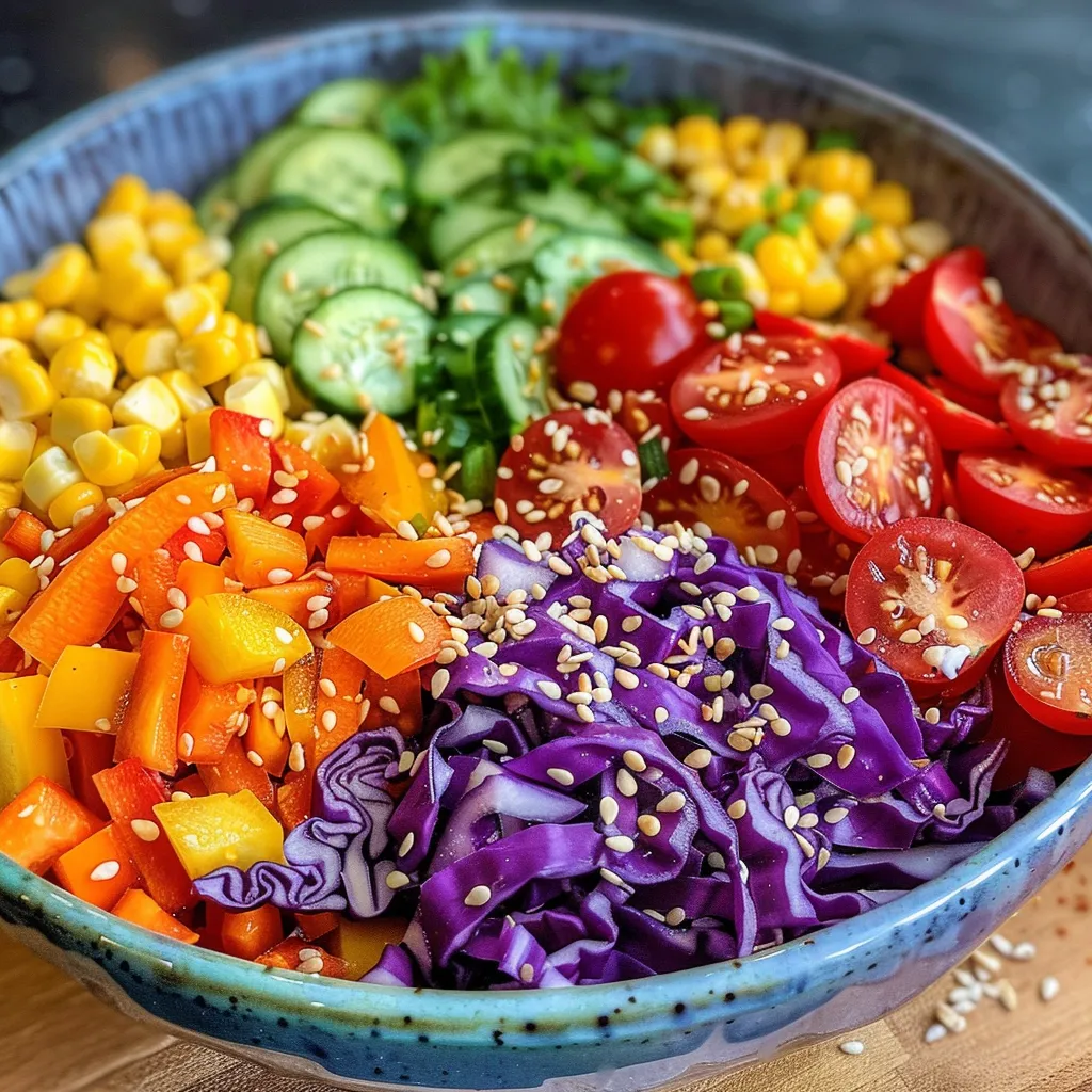 Close-up view of a fresh salad featuring red and yellow bell peppers, carrots, cabbage, and tahini dressing.