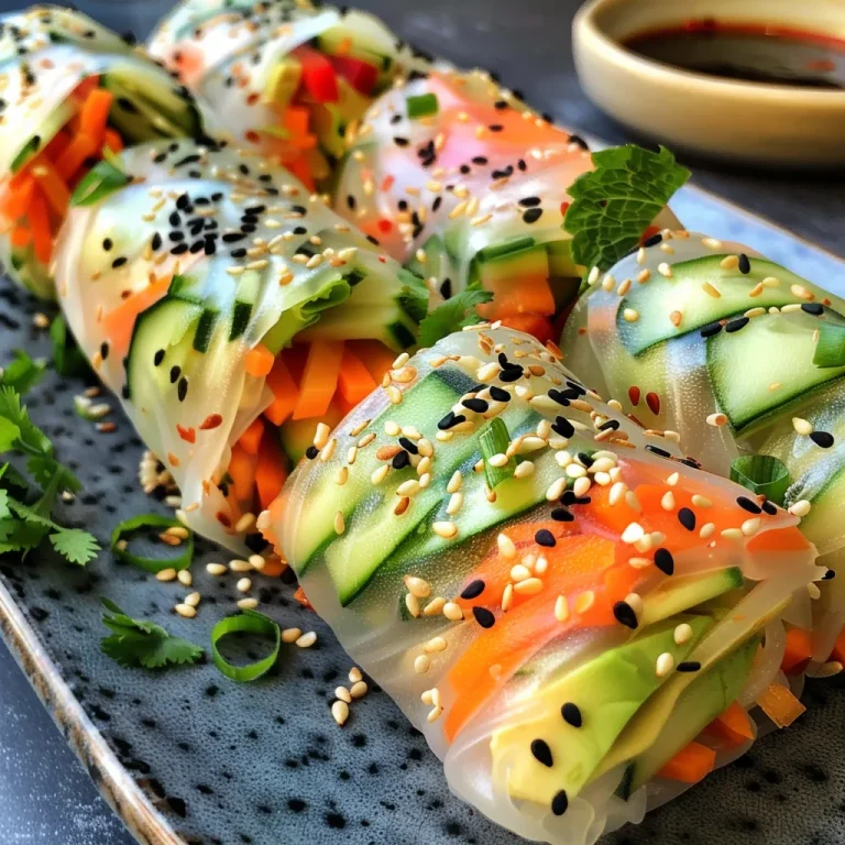 Close-up of colorful rice paper veggie rolls filled with fresh vegetables.
