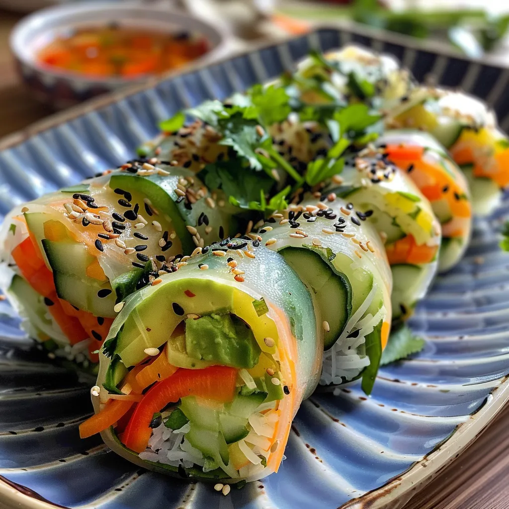 Side view of vibrant rice paper rolls showcasing shredded carrots and avocados.