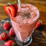 A close-up view of a rosy frozen strawberry smoothie in a glass, topped with fresh strawberries.