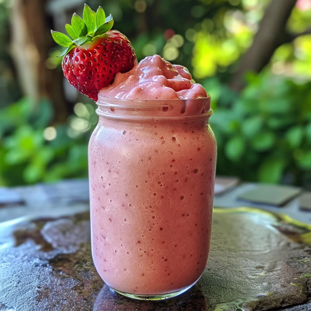 A refreshing frozen strawberry smoothie displayed in a glass, showcasing its vibrant pink hue.