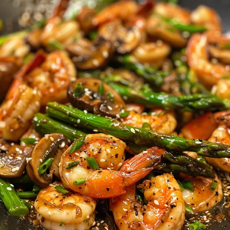 Close-up of a shrimp and asparagus stir-fry with mushrooms, showcasing vibrant colors and textures.