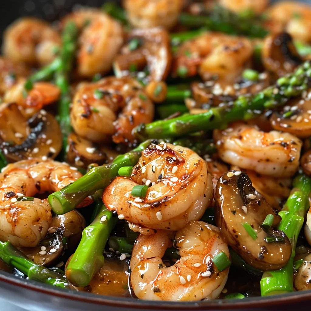 Side view of a delicious shrimp, asparagus, and mushroom stir-fry on a white plate, glistening with sauce.