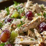 Close-up view of a fresh Sonoma Chicken Salad with vibrant grapes and crunchy pecans.