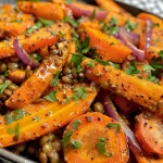 Close-up view of vibrant spiced oven-roasted carrots beside a colorful lentil salad.