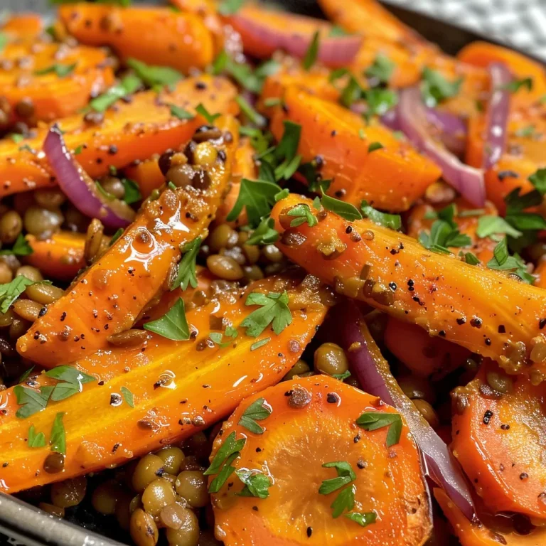 Close-up view of vibrant spiced oven-roasted carrots beside a colorful lentil salad.