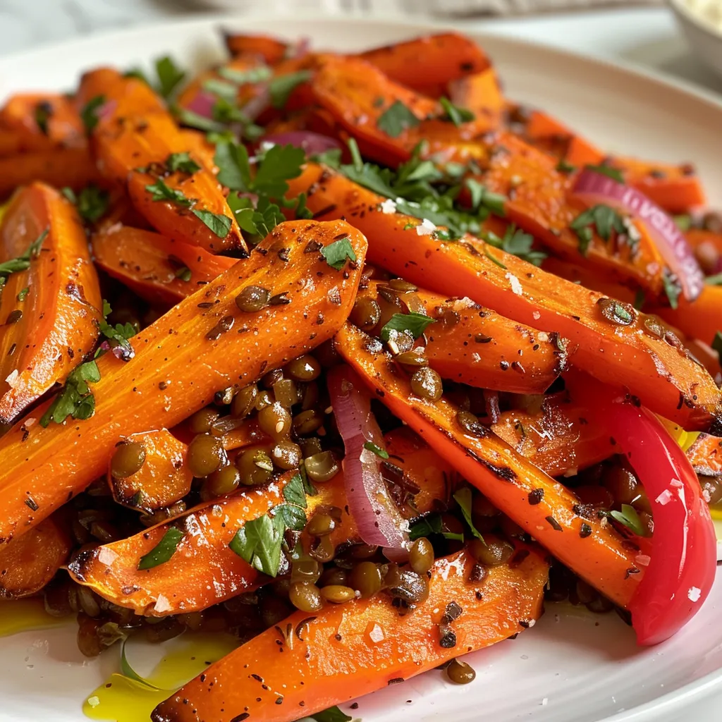 A side angle showcasing juicy carrots and a tangy lentil salad on a plate.