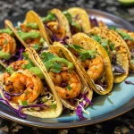 Close-up view of spicy shrimp tacos topped with garlic cilantro lime slaw and avocado slices.