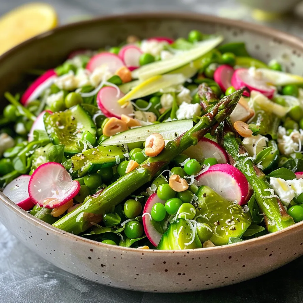 Close-up view of a vibrant spring salad featuring fresh asparagus and goat cheese.