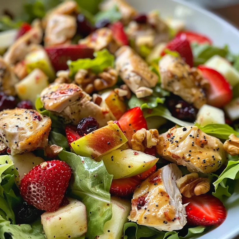 Close-up of a colorful Strawberry Chicken Salad with fresh ingredients.