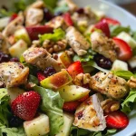 A vibrant Strawberry Chicken Salad with chunks of chicken, fresh strawberries, and greens in a bowl.