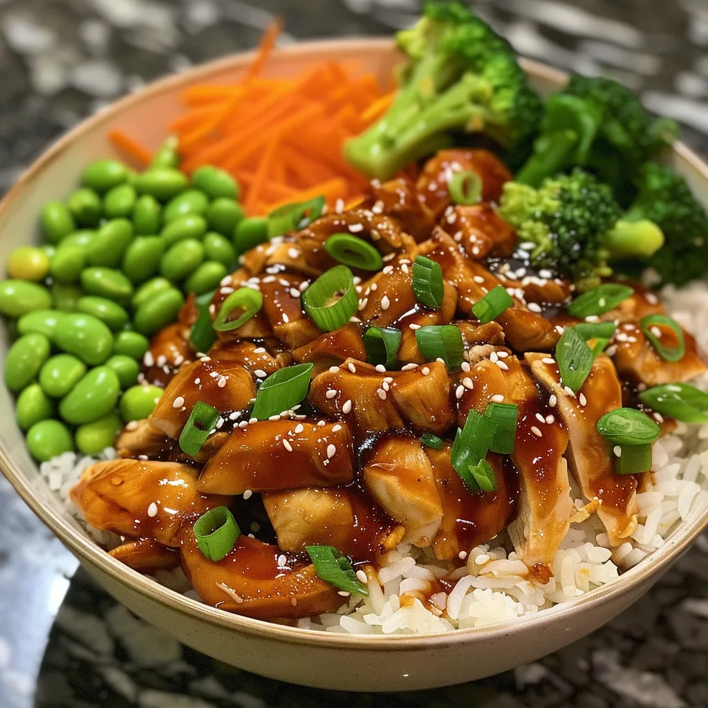 Juicy pieces of Teriyaki chicken in a bowl, garnished with sesame seeds and green onions.