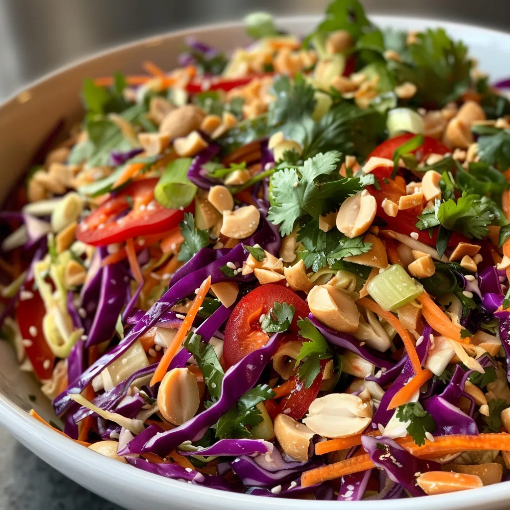 Close-up of vibrant Thai Crunchy Slaw with bright vegetables and a creamy peanut dressing garnished with chopped peanuts.