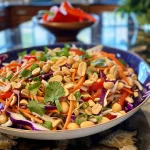 Close-up view of vibrant Thai Peanut Slaw featuring colorful shredded vegetables and a creamy peanut dressing.