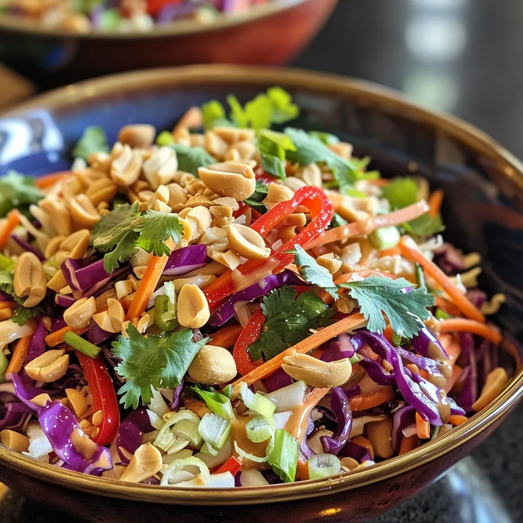 Side view of a bowl of Thai Peanut Slaw with a variety of shredded cabbage, carrots, and chopped peanuts.