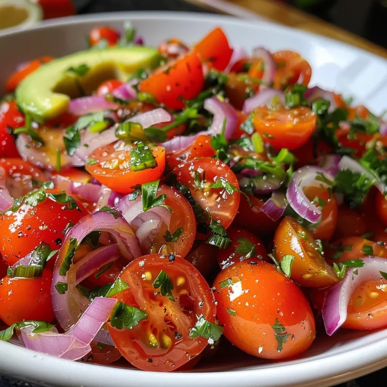 A close-up view of a vibrant tomato and onion salad featuring cherry tomatoes, diced cucumbers, and avocado.