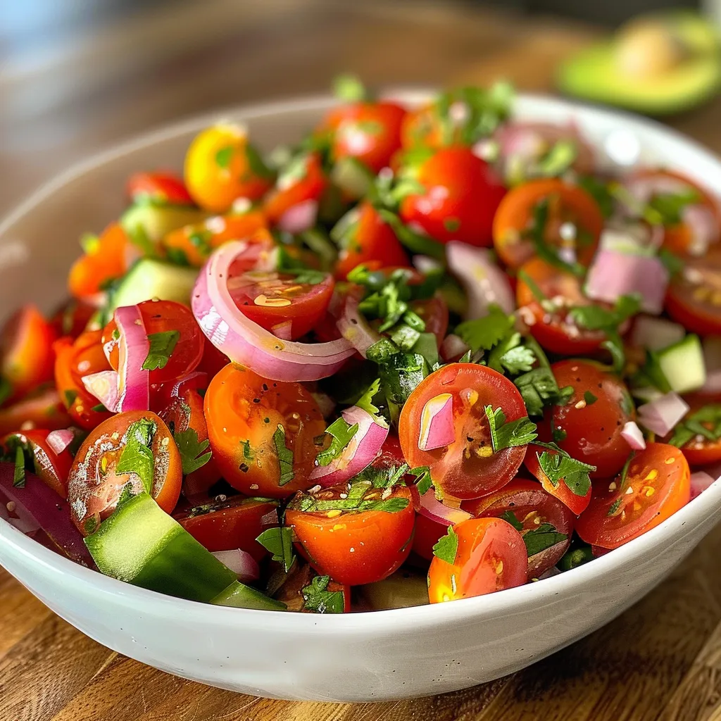A colorful salad highlighting juicy cherry tomatoes, brown onion slices, and fresh coriander garnished with lime juice.
