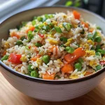 Close-up view of vibrant Veggie Egg Fried Rice with colorful vegetables and fluffy eggs.
