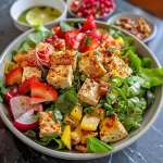 Close-up view of a colorful salad featuring tofu, strawberries, and pomegranate.