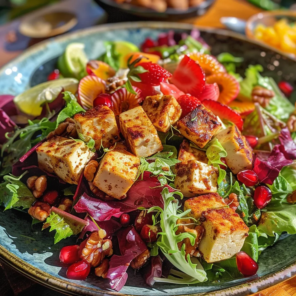 Vibrant spring salad with a variety of fresh fruits, nuts, and greens.