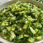 A close-up view of a vibrant green salad featuring cabbage, cucumber, and basil against a blurred background.