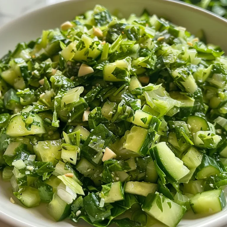 A close-up view of a vibrant green salad featuring cabbage, cucumber, and basil against a blurred background.