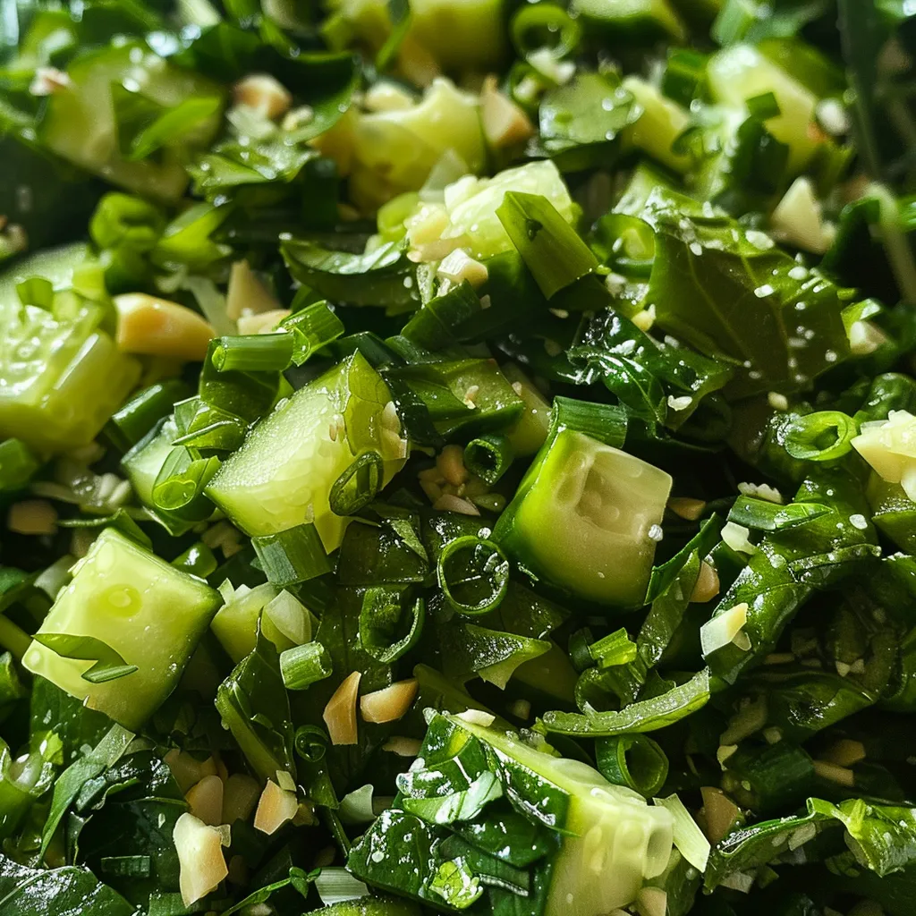 Side view of a fresh green salad composed of chopped cabbage, diced cucumber, and sliced green onions.