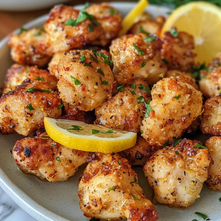 Close-up view of golden, juicy lemon chicken bites garnished with fresh parsley and lemon wedges.