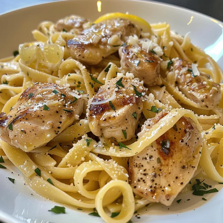 Close-up of a delicious plate of Zesty Lemon Butter Garlic Chicken Pasta with fettuccine.