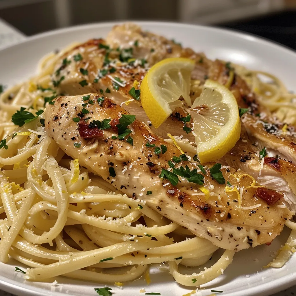 Juicy chicken pieces nestled in a creamy lemon butter garlic sauce over spaghetti.