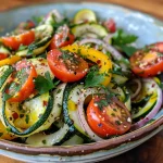 Close-up of a vibrant zucchini ribbon salad featuring cherry tomatoes and red onion.