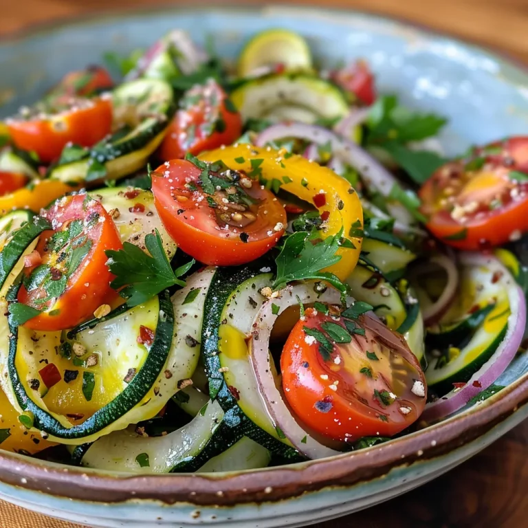 Close-up of a vibrant zucchini ribbon salad featuring cherry tomatoes and red onion.