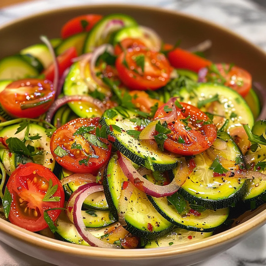 Freshly prepared zucchini ribbon salad with colorful cherry tomatoes and a lemon tahini dressing.