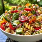 A close-up view of a vibrant Spring Garden Pasta Salad featuring colorful vegetables and pasta.