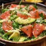 Close-up view of an Avocado Grapefruit Fennel Salad with vibrant colors.