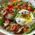 Close-up view of Oven Roasted Tomatoes and Burrata Salad with vibrant colors and fresh greens.