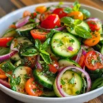A close-up side view of a vibrant basil salad featuring fresh greens, cucumber slices, halved cherry tomatoes, and red onion.