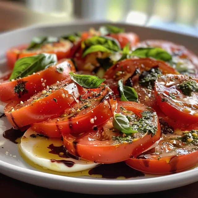 A close-up of roasted tomato caprese salad with vibrant red tomatoes and fresh basil.