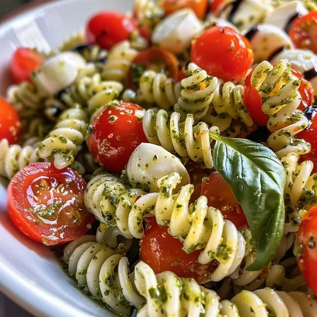 Close-up view of a colorful Caprese Pesto Pasta Salad with rotini pasta, cherry tomatoes, and mozzarella pearls.