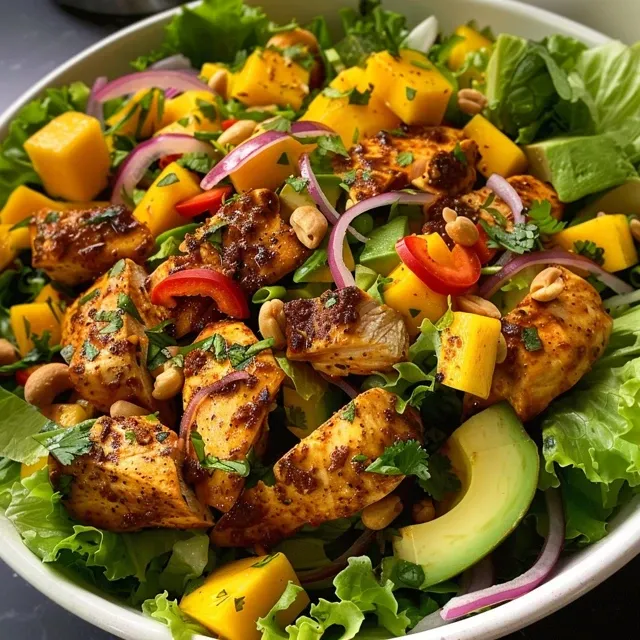 Close up of a colorful Spicy Mango Chicken Salad with diced mango and avocado.