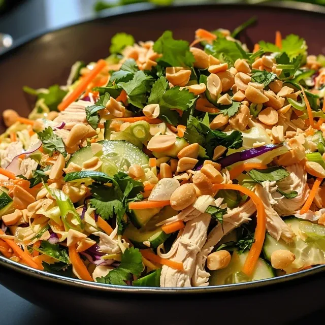 Close-up of a vibrant Thai Chicken Salad with colorful vegetables and garnishes.