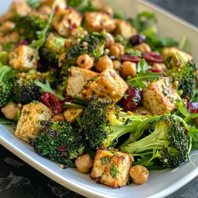 Close-up view of a vibrant roasted broccoli salad with chickpeas and walnuts.