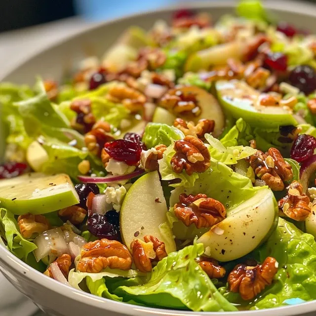 Close-up of a Fuji apple salad with vibrant greens and colorful toppings.