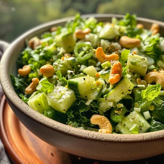 Close-up view of a vibrant Cashew Crunch Salad with colorful vegetables and sesame dressing.