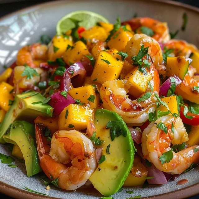 A vibrant Mango Shrimp Salad featuring colorful ingredients in a bowl.