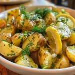 A close-up view of a vibrant lemon dill potato salad with baby potatoes and fresh herbs.