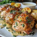 Juicy creamy herb chicken beside golden roasted potatoes, garnished with fresh parsley.