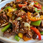 Close-up view of crispy sweet chili beef with colorful peppers.