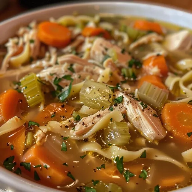 Close-up view of a bowl of gluten-free chicken noodle soup with colorful vegetables and chicken pieces.
